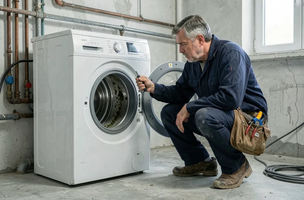 Technicien en réparation inspectant l'arrière d'un lave-linge de mauvaise qualité avec moisissures et joint détérioré dans une buanderie d'appartement