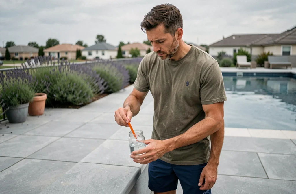 Homme testant la qualité de l'eau de la piscine avec des bandelettes pH naturelles sur une terrasse moderne