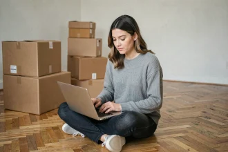Femme en train de transférer son abonnement internet en ligne depuis un appartement vide lors d'un déménagement