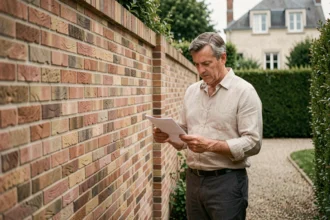 Propriétaire vérifiant la hauteur d'un mur mitoyen dans son jardin avec un document réglementaire en main