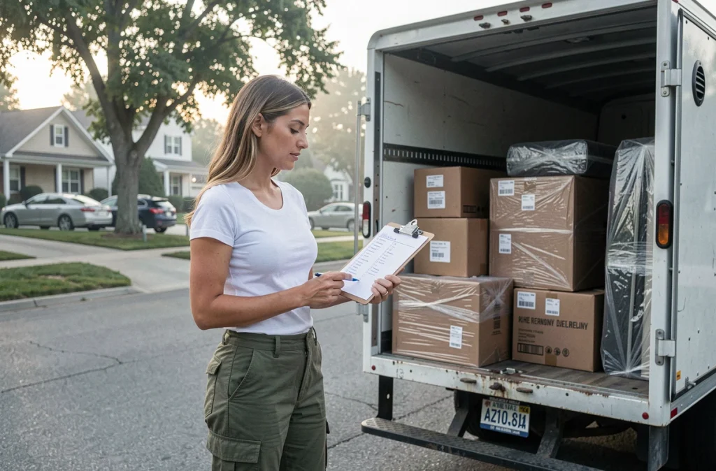 Femme vérifiant une liste d'inventaire devant un camion de déménagement rempli de cartons