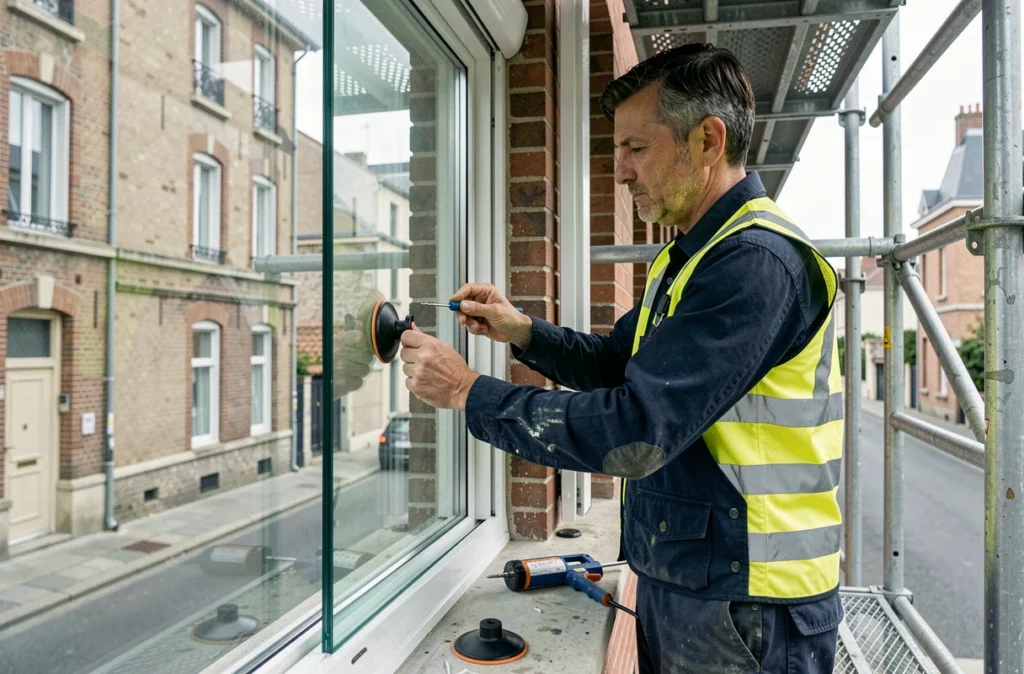 Peintre vitrier d'Acciverre et Décopeinture installant un panneau de verre sur une façade résidentielle dans le Nord