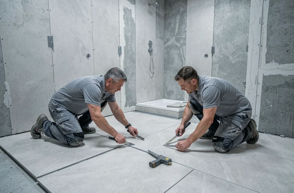 Équipe de Bat Pro Rénovation en train de poser du carrelage grand format dans une salle de bain en cours de rénovation