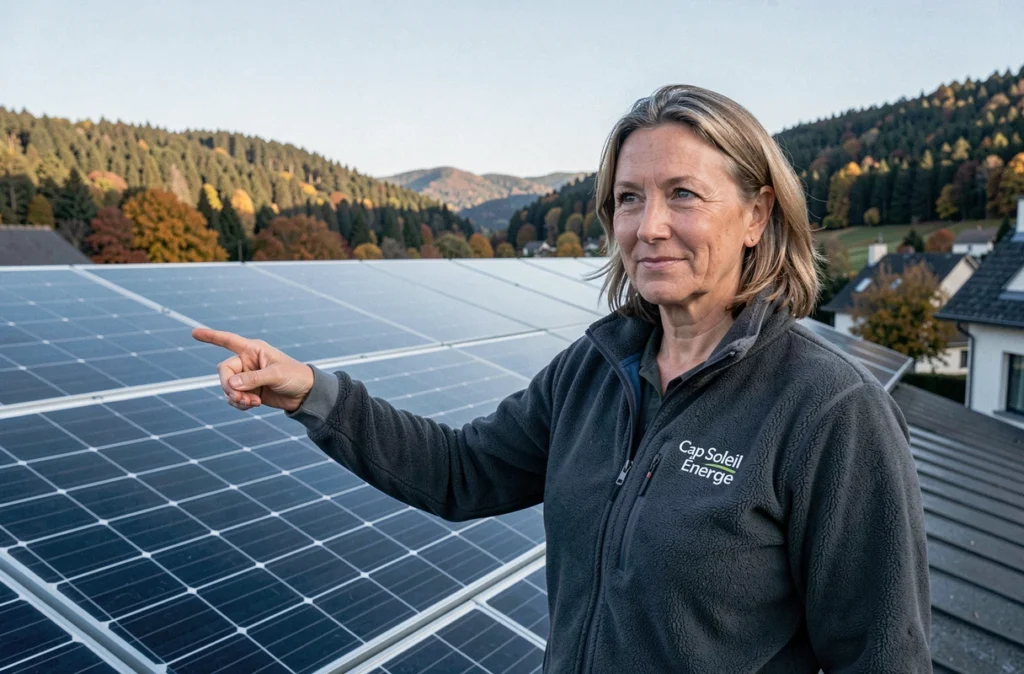 Conseillère de Cap Soleil Énergie présentant une installation photovoltaïque en Auvergne-Rhône-Alpes