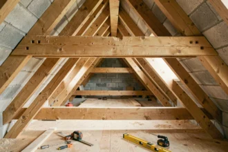 Charpente traditionnelle en bois avec fermes triangulaires apparentes vue de l'intérieur d'un grenier en construction