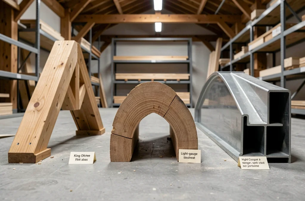 Comparaison de trois types de charpente en exposition : fermette bois, arc en lamellé-collé et chevron en acier léger