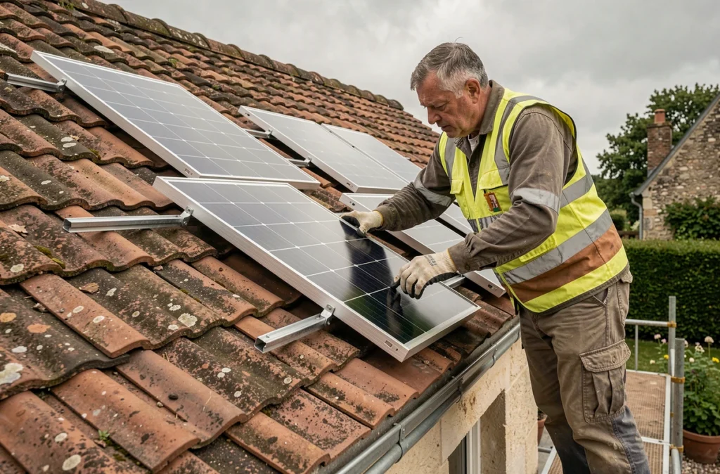 Couvreur-installateur de Créa'Toit Énergie posant tuiles et panneaux solaires sur un toit dans la Loire