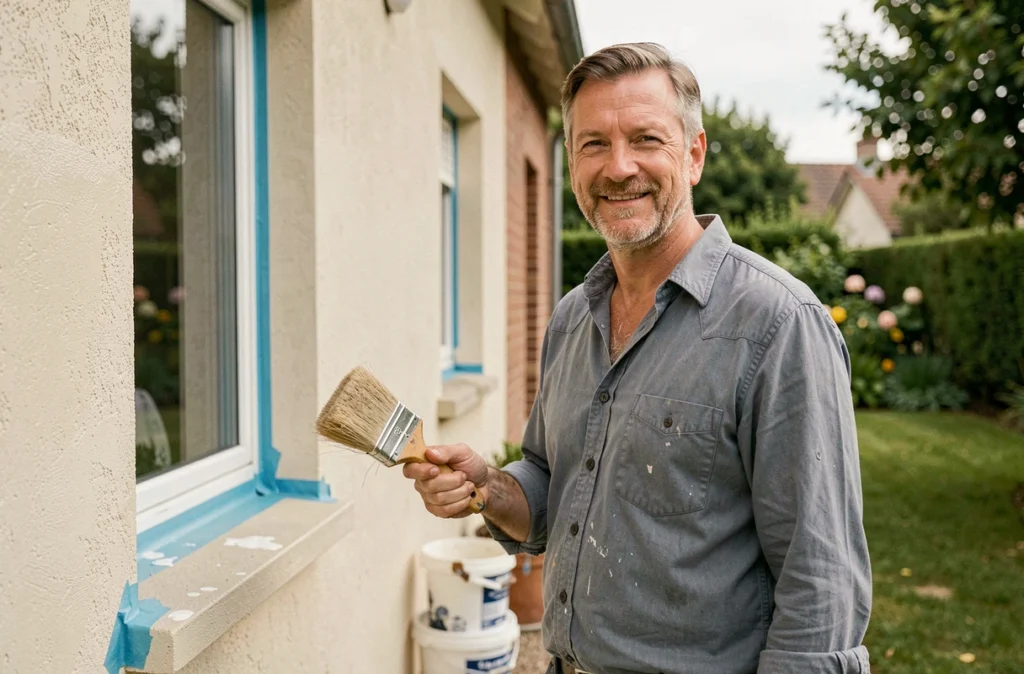 Crepelle Franck, artisan peintre indépendant, posant devant un mur extérieur fraîchement peint dans le Nord de la France