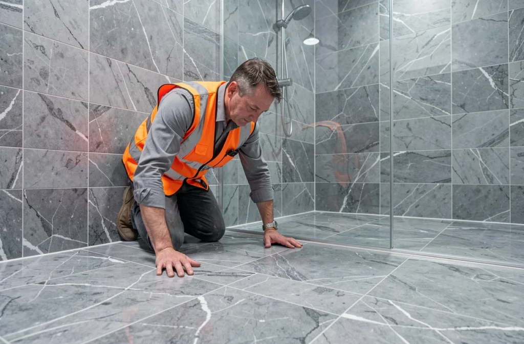 Professionnel de Dellac Bati inspectant la qualité d'un carrelage marbre dans une salle de bain de standing rénovée