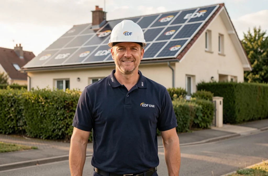 Installateur EDF ENR devant une maison équipée de panneaux solaires dans un quartier résidentiel de la Loire