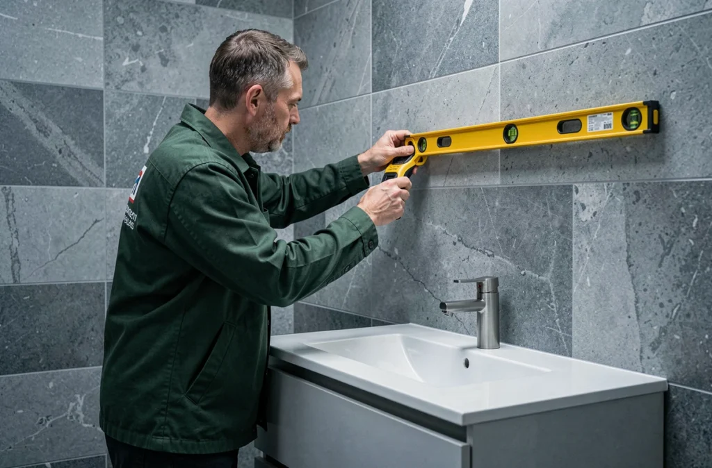 Artisan de l'Entreprise Lamy vérifiant le niveau d'un meuble vasque mural dans une salle de bain contemporaine