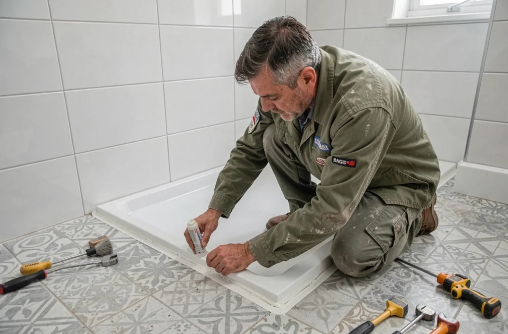 Artisan de l'Entreprise Lemble Sarl appliquant du silicone d'étanchéité sur un receveur de douche dans une salle de bain carrelée