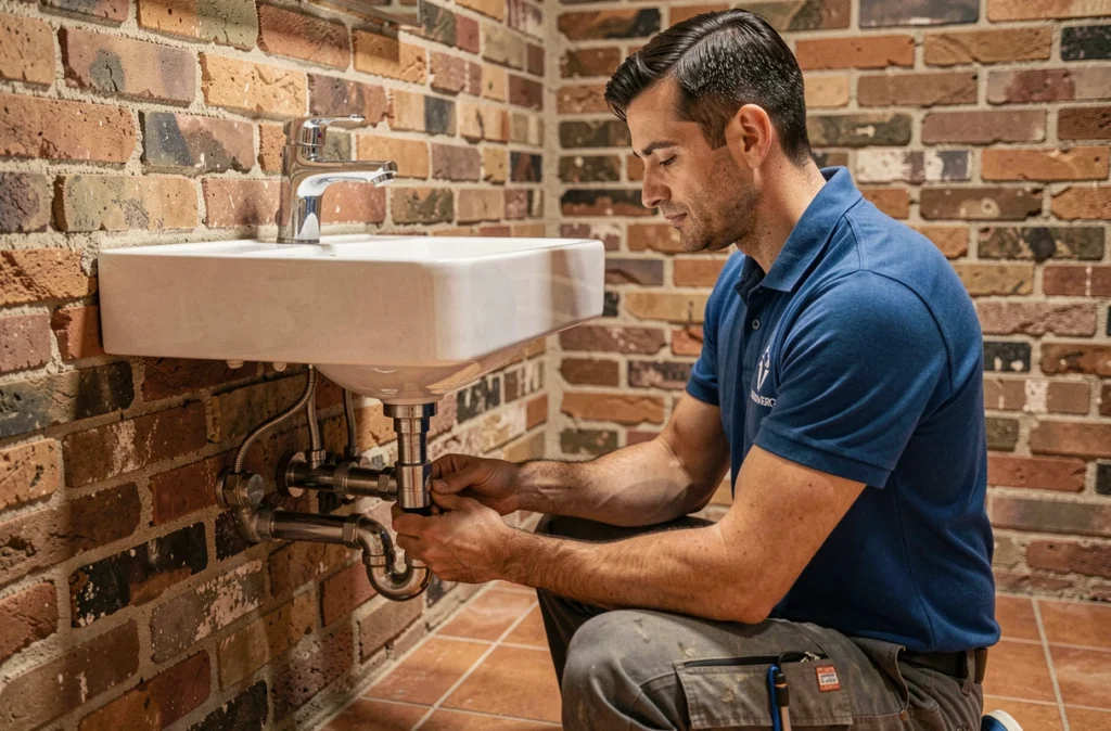 Plombier d'Ideo Plomberie raccordant les canalisations chrome d'un lavabo en céramique dans une salle de bain rénovée