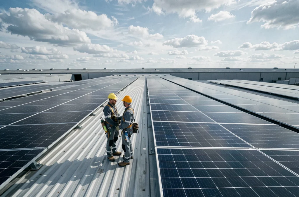 Ingénieurs d'Ineo Électricité supervisant un grand projet solaire sur un entrepôt industriel dans la Loire
