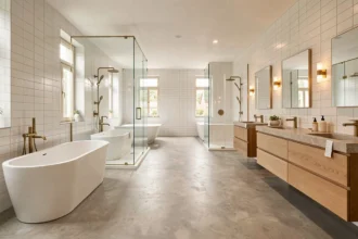 Showroom de salles de bain moderne dans les Hauts-de-Seine présentant plusieurs installations haut de gamme