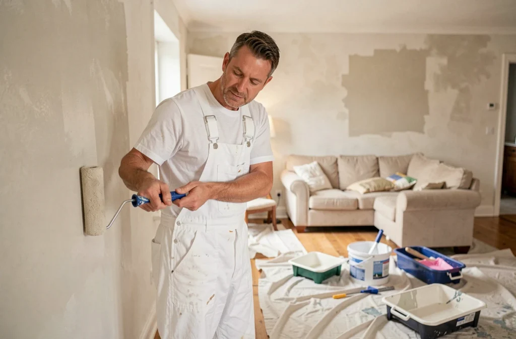 Jonathan Pecqueur, peintre polyvalent en Hauts-de-France, appliquant de la peinture murale dans un intérieur résidentiel