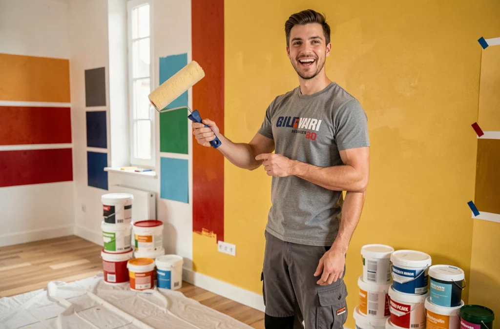 Décorateur de Kou'deco appliquant une peinture décorative colorée sur un mur intérieur dans le Nord de la France