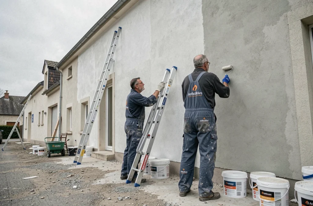 Équipe de l'établissement Leclercq ETS peignant la façade d'un immeuble dans le Nord de la France