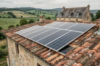 Vue grand angle d'une toiture en tuiles avec panneaux solaires installés dans la Loire, avec collines verdoyantes en arrière-plan