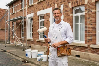 Un peintre en bâtiment professionnel devant une façade rénovée dans le Nord de la France, illustrant le classement des meilleurs peintres de la région