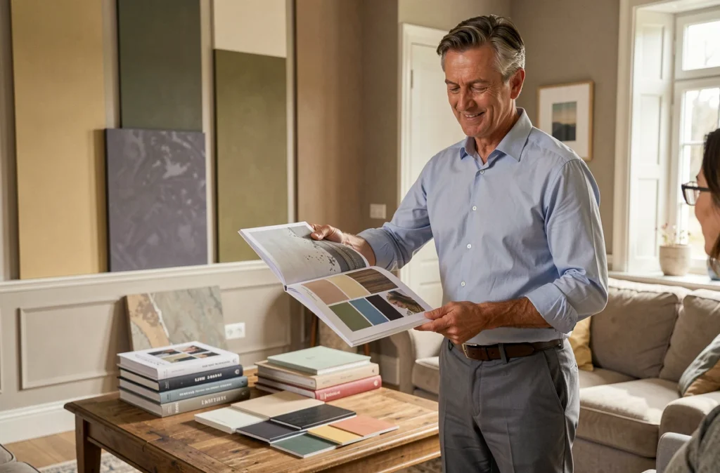 Spécialiste expérimenté en peinture design et décoration présentant ses réalisations à un client dans le Nord de la France