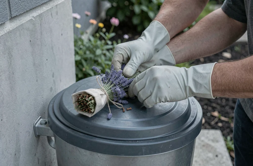 Mains gantées fermant une poubelle extérieure avec un sachet de lavande et de clous de girofle pour repousser les mouches sans produits chimiques
