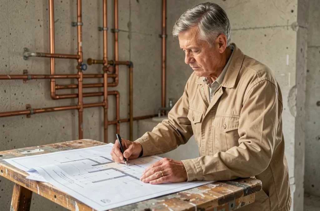 Responsable de SG Rénovation consultant les plans d'une salle de bain avec plomberie apparente en arrière-plan