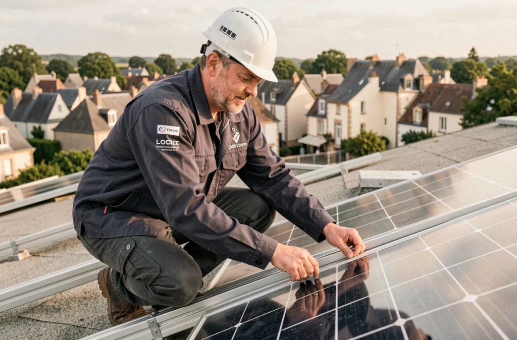 Technicien de Solair'Forez installant un panneau solaire sur une toiture dans la Loire