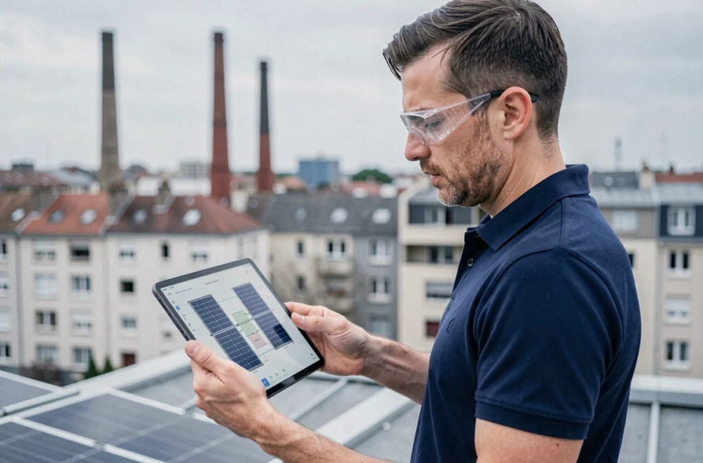 Spécialiste photovoltaïque de Solaire et Énergie consultant un plan sur tablette à Saint-Étienne