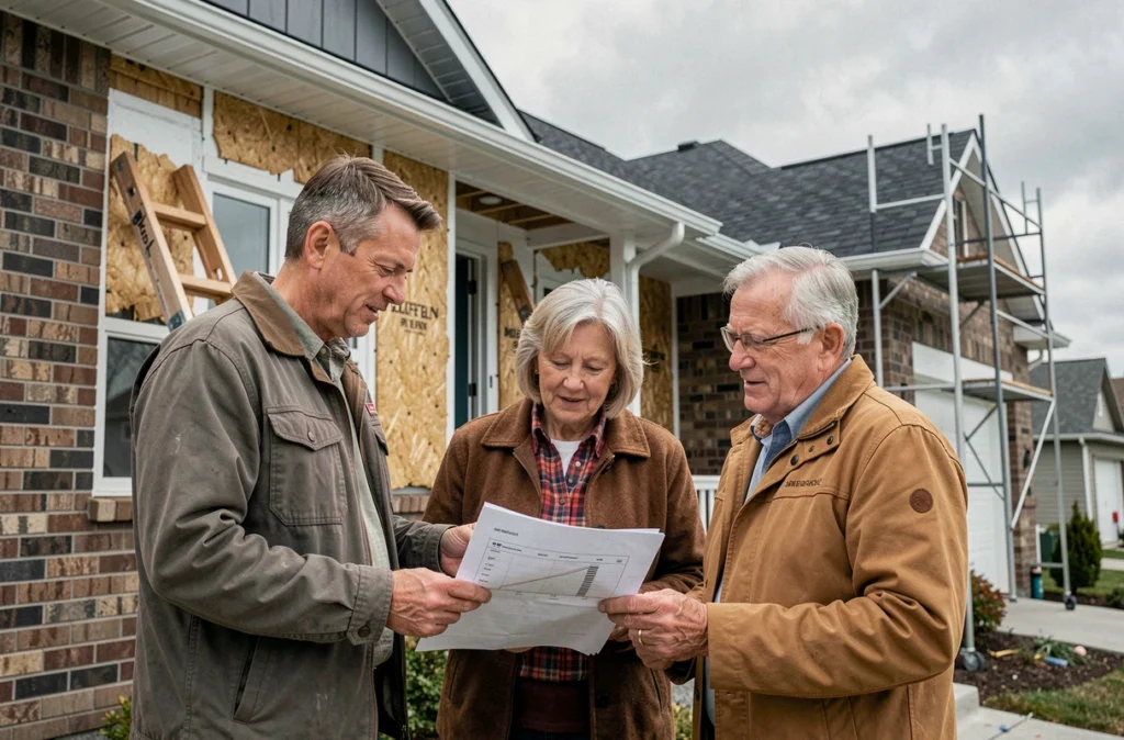 Couple de seniors et artisan RGE examinant un bilan énergétique devant une maison éligible aux aides Effi 65 en 2026