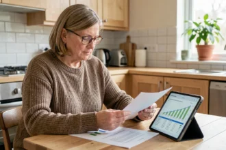 Femme de 65 ans consultant des documents sur les aides financières Effi 65 pour la rénovation énergétique de son logement