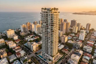 Gratte-ciel résidentiel de luxe dominant une grande ville côtière au coucher du soleil
