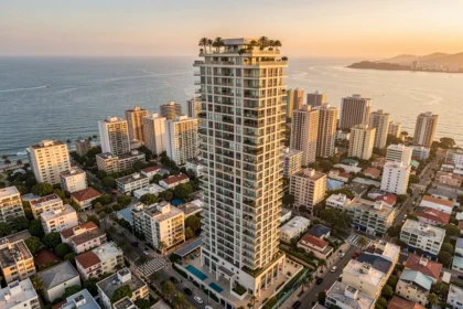 Gratte-ciel résidentiel de luxe dominant une grande ville côtière au coucher du soleil