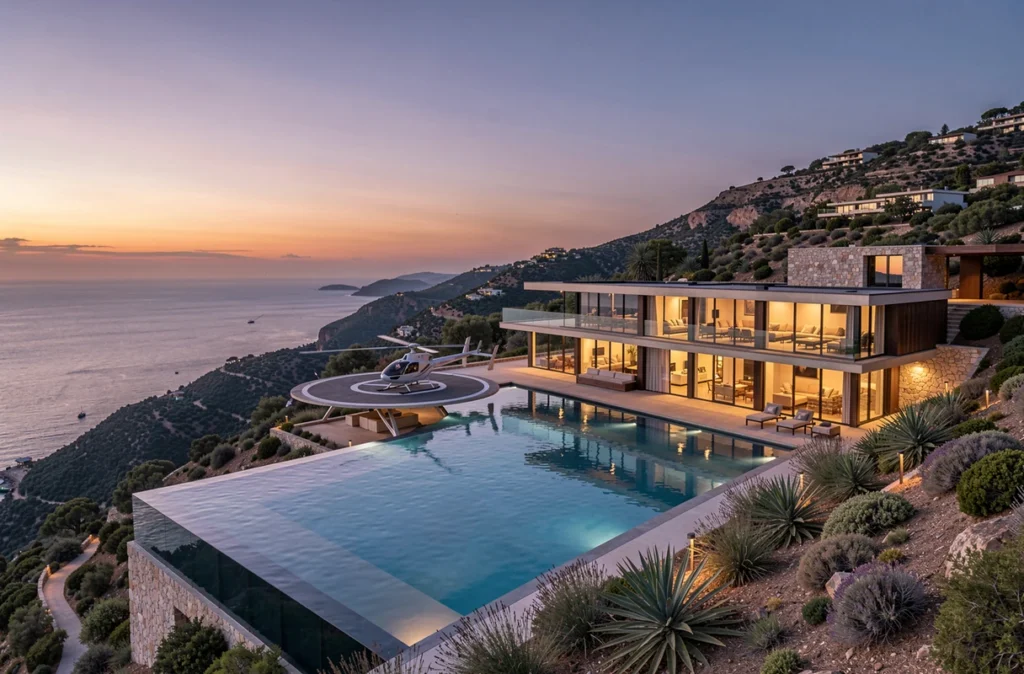 Immense villa moderne avec piscine à débordement et héliport au crépuscule